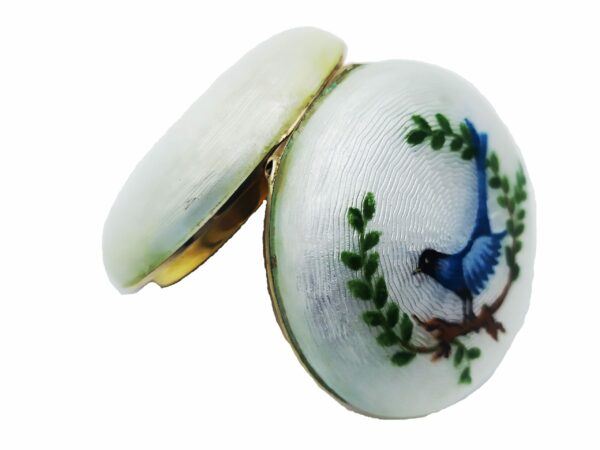 Salimbeni White Snuff Box or Pill Box Guilloche Enamel Box with Miniature Bird - Image 2