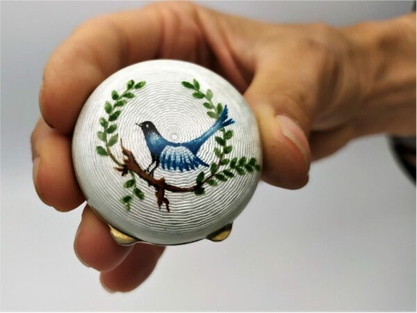 Salimbeni White Snuff Box or Pill Box Guilloche Enamel Box with Miniature Bird - Image 4