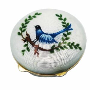 Salimbeni White Snuff Box or Pill Box Guilloche Enamel Box with Miniature Bird