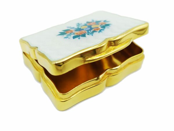 Salimbeni sterling silver gilt pillbox with translucent fire enamels on guilloche and hand painted floral miniature. 3 scaled