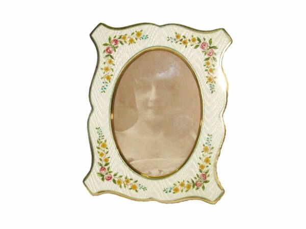 Salimbeni1891 Shaped Photo Frame in Sterling Silver with fired White enamels on guilloche and hand painted floral miniatures. Main image scaled