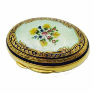 Oval Snuff Box or Pill Box Guilloche Enamel Hand-Painted Floral Wreath Salimbeni