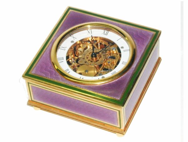 Sterling Silver Table Clock Shaped Square Box Fire Enameled Guilloché Salimbeni