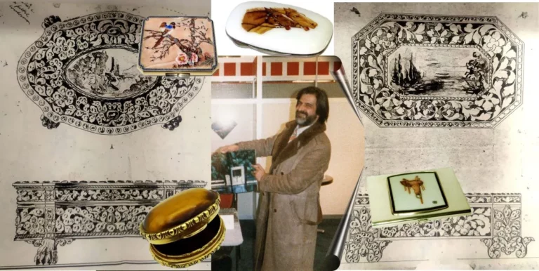 Giorgio Salimbeni is represented by this image where he shows the new Gucci catalog where various objects produced by Salimbeni snc for Gucci were presented. This happened in Florence in the 1970s. Also note the typical fashion clothing of that period.