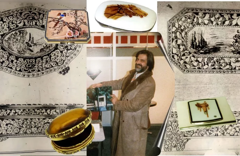 Giorgio Salimbeni is represented by this image where he shows the new Gucci catalog where various objects produced by Salimbeni snc for Gucci were presented. This happened in Florence in the 1970s. Also note the typical fashion clothing of that period.