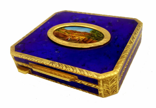 Salimbeni Blu fired enamel Table Box Sterling Silver miniature hand painted on mother of pearl. 1 scaled