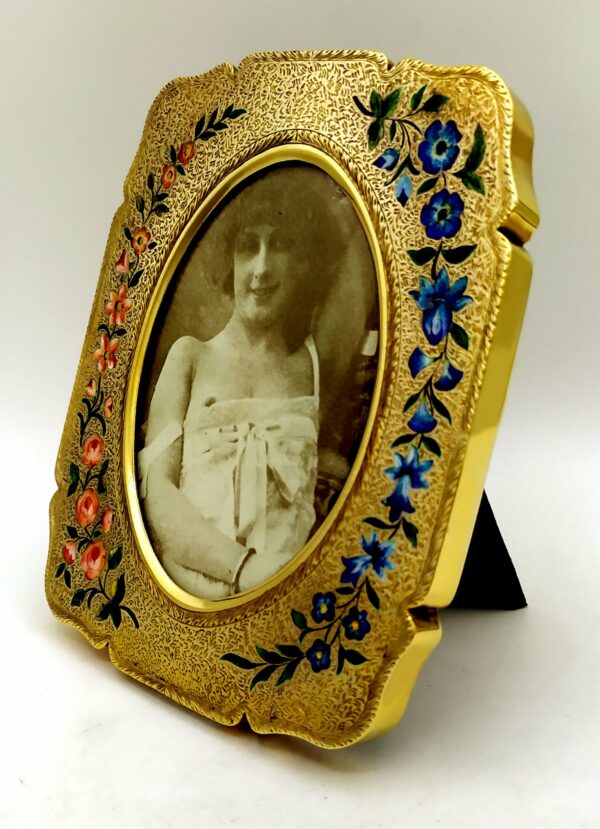 Picture Frame very fine fire enamelled floral engraving and hand painted Sterling Silver Salimbeni 1